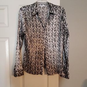 Dressbarn button down blouse, black, white, silver